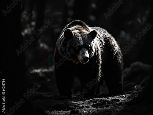 An imposing black and white portrait of a bear set against the shadows of a forest. The strong contrast between light and dark accentuates the bear's powerful presence and intricate fur texture. 