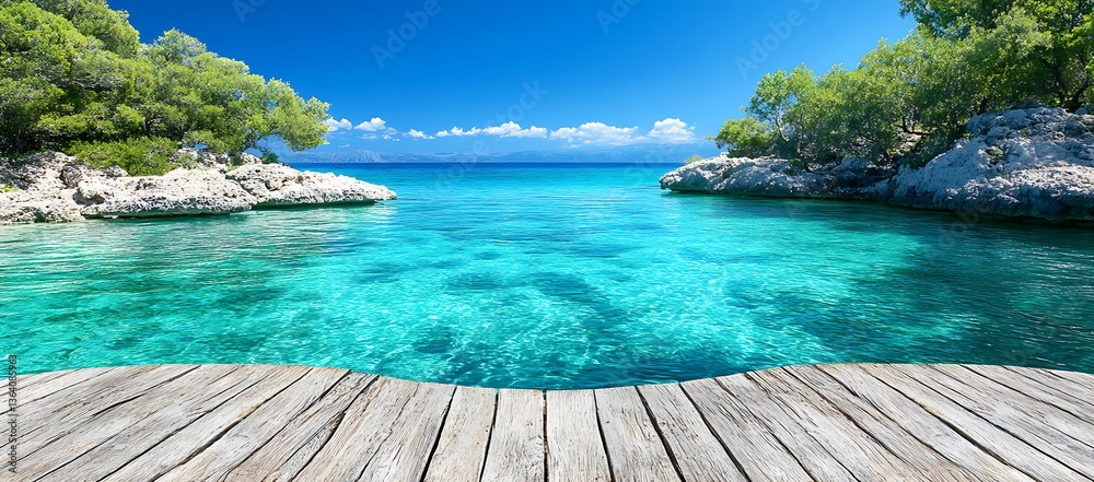 Fototapeta premium Crystal clear turquoise ocean water by the rocky green shore