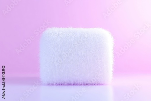 Fluffy white rectangular cube on a pastel pink background