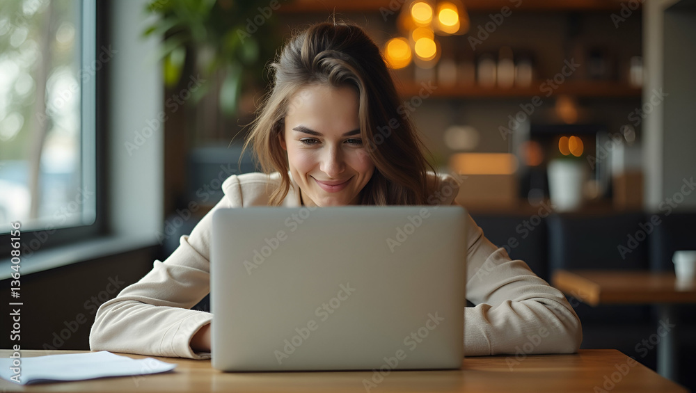 Flat Young Woman Working Remotely in Cafe: A Cute Vector Illustration