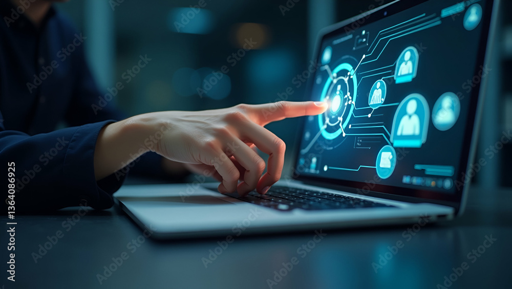 Hand Interacting with Holographic Chatbot AI Interface on Laptop: Smart Assistant Icons and AI Communication Symbols in Empty Space - Stock Photo Concept for Futuristic Technology Hand Interacting with Holographic Chatbot AI Interface on Laptop: Smart Assistant Icons and AI Communication Symbols in Empty Space - Stock Photo Concept for Futuristic Technology