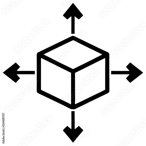 A central cube expanding in all directions symbolizing growth, expansion, and multifaceted potential with bold black lines on a white background.