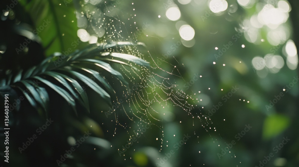 A spiderweb adorned with dewdrops shines amidst lush foliage in the forest A spiderweb adorned with dewdrops shines amidst lush foliage in the forest