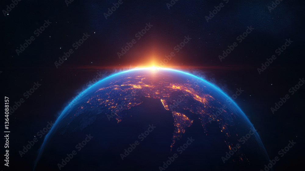 Obraz premium stunning view of Earth from space, showcasing planet curvature illuminated by sunrise. vibrant colors of atmosphere and city lights create breathtaking scene of natural beauty and human