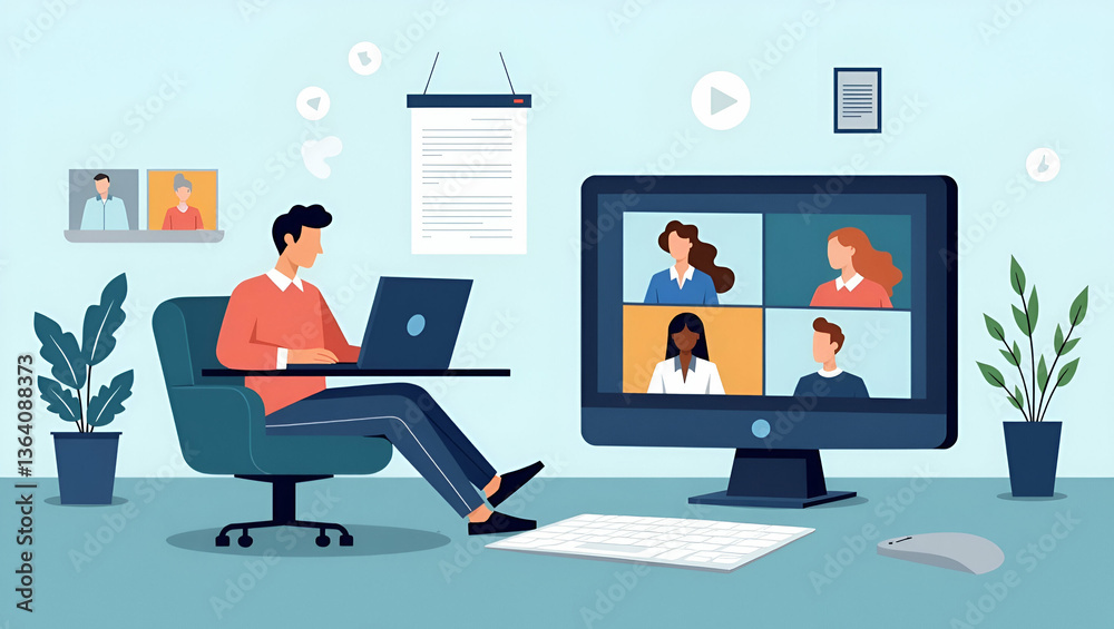 Smart Working: Flat Vector Illustration of Business Team Collaborating via Online Video Conference Anywhere with Wireless Internet Technology for Enhanced Productivity Smart Working: Flat Vector Illustration of Business Team Collaborating via Online Video Conference Anywhere with Wireless Internet Technology for Enhanced Productivity