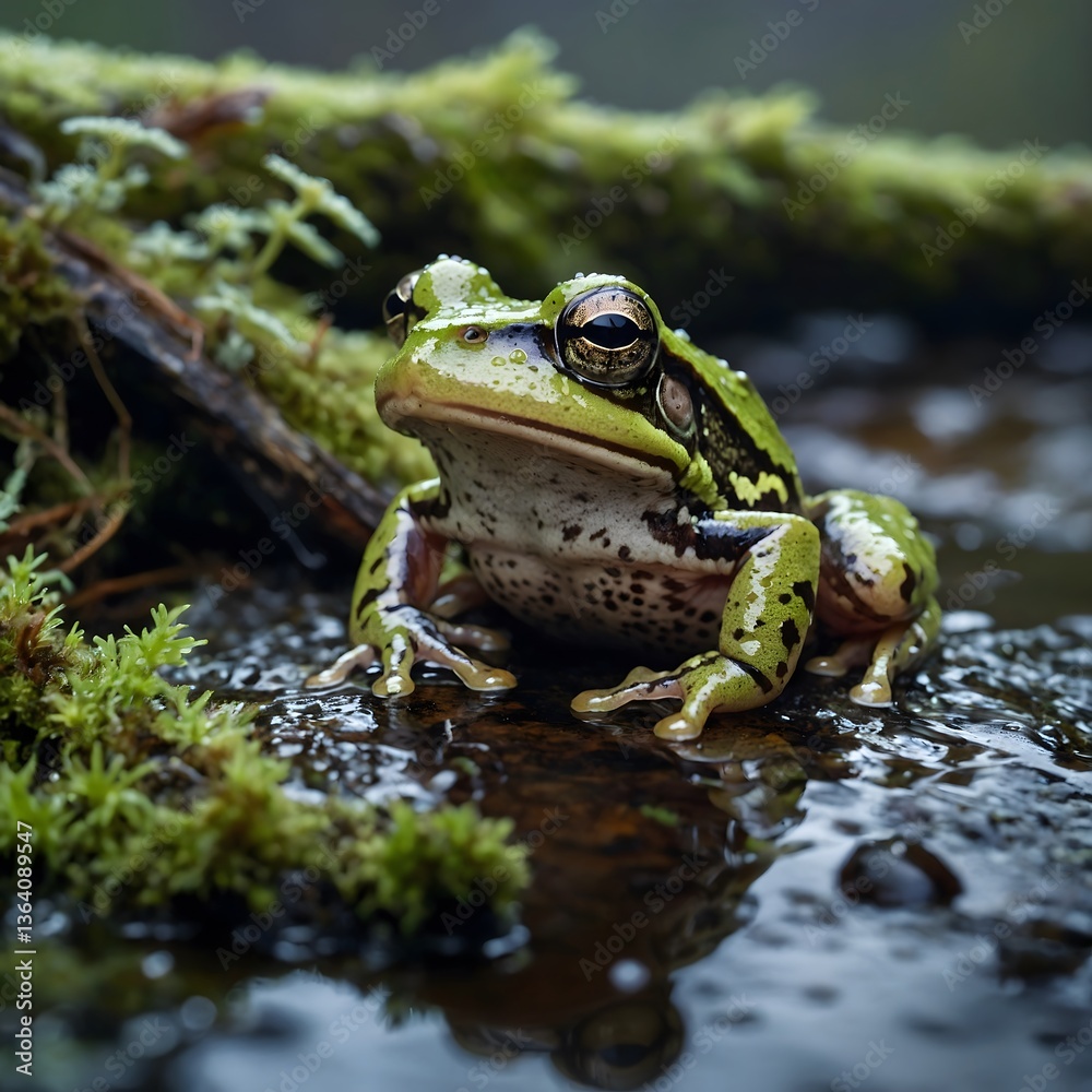 Boreal Chorus Frog on Lily Pad Surrounded by Blooming Flowers in Serene Pond Boreal Chorus Frog on Lily Pad Surrounded by Blooming Flowers in Serene Pond