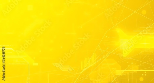 Bright Yellow Technology Background with Interconnected Lines and Geometric Shapes