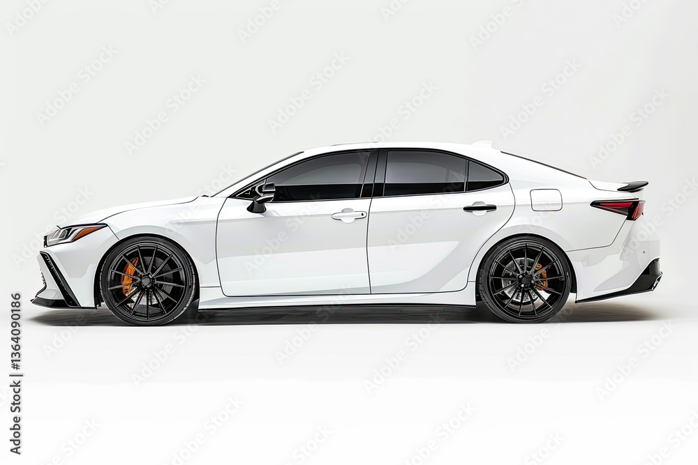 Fototapeta premium A sleek white sedan with black wheels, showcasing a modern automotive design. isolated on white background