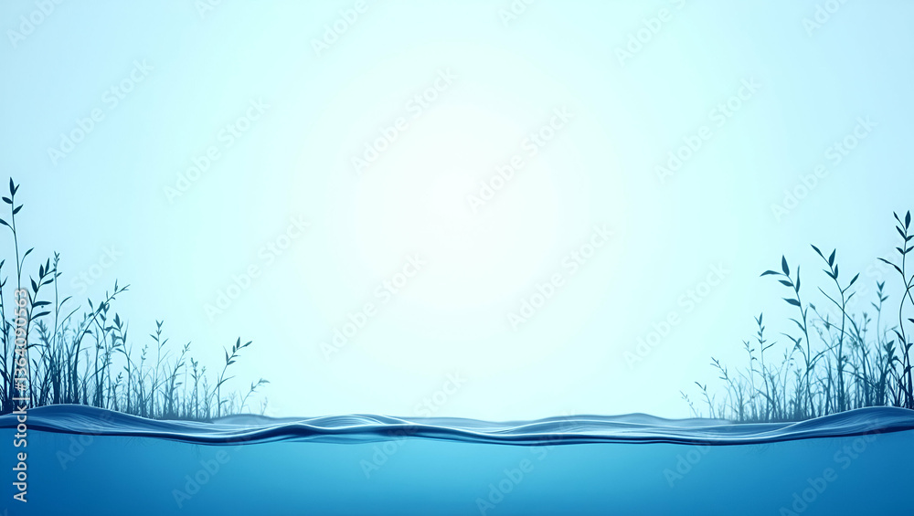 Fototapeta premium Blue Water Waves and Aquatic Plant Border with Copy Space for World Water Day: Perfect for Messages on Water Health and Conservation in Photo Stock Concept