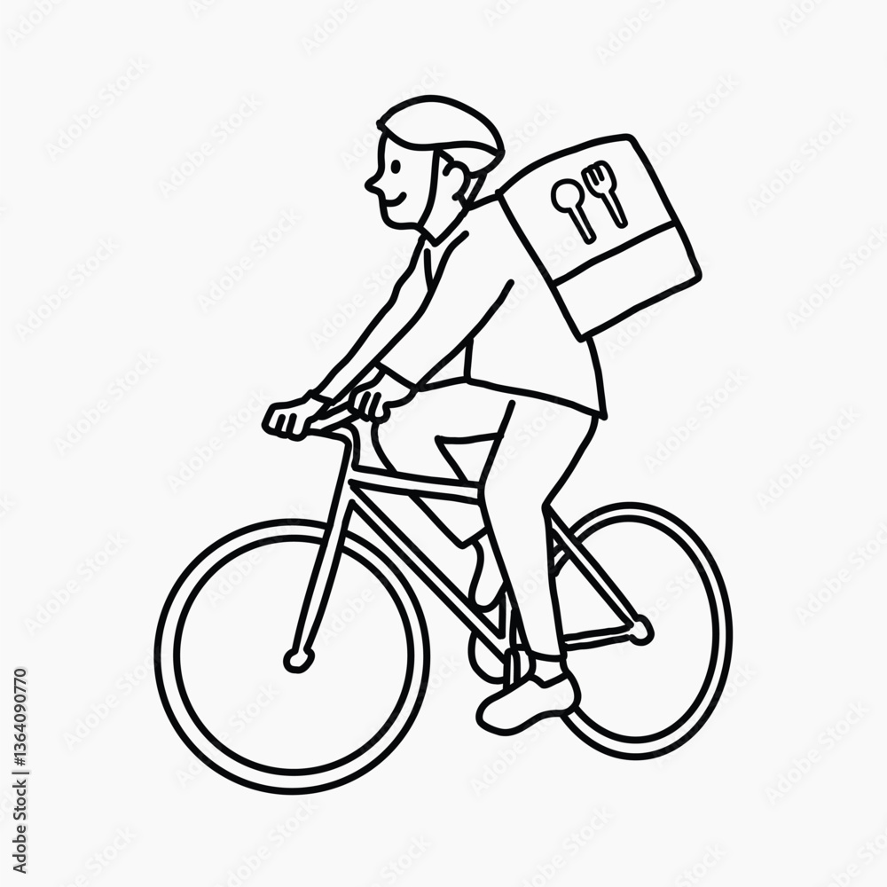 Fototapeta premium Bicycle food delivery man line drawing vector