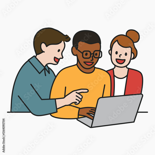 Team using notebook sharing ideas collage element vector