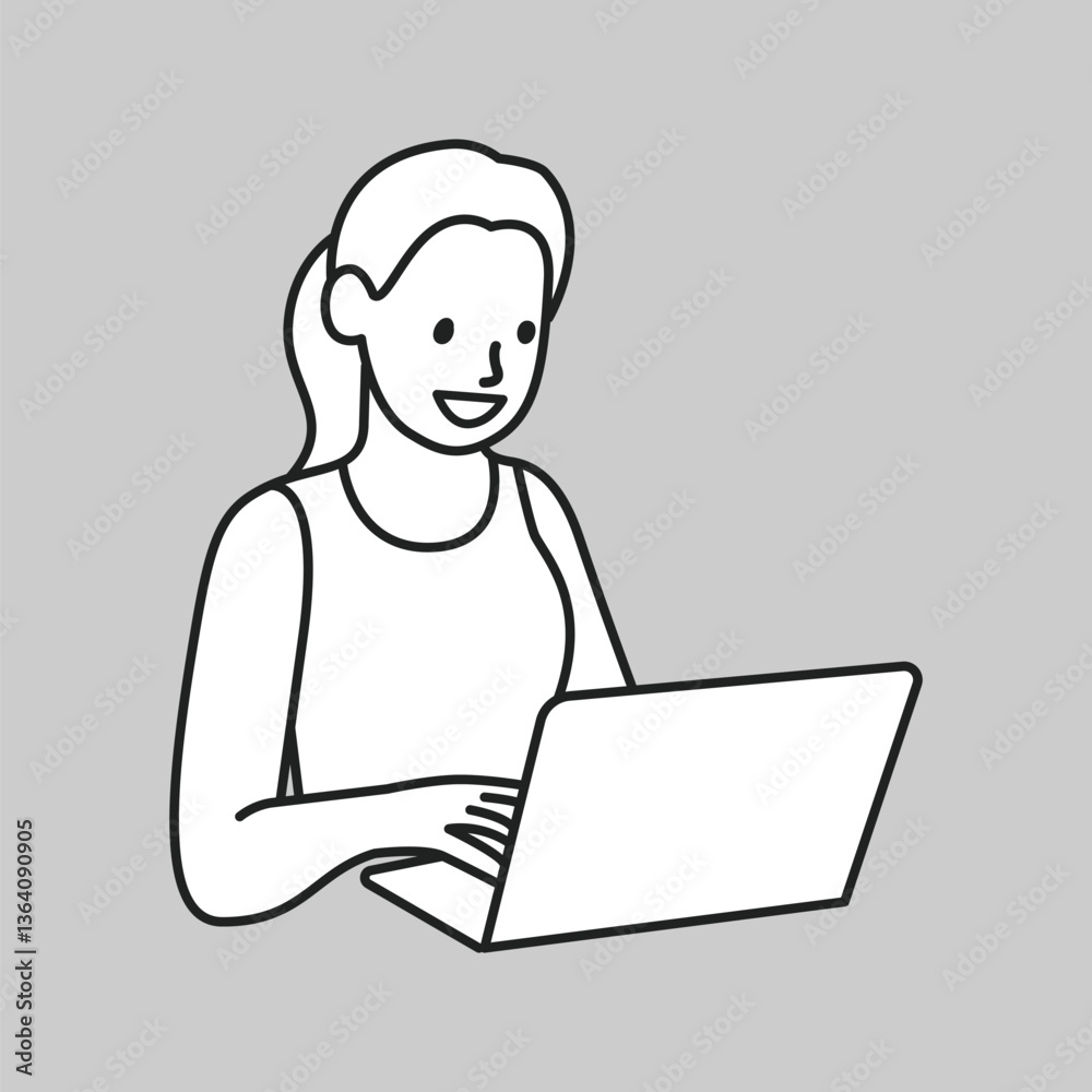 Woman using notebook computer line drawing collage element vector Woman using notebook computer line drawing collage element vector