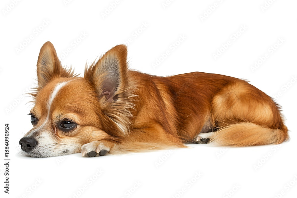 A small brown dog laying down with a white background A small brown dog laying down with a white background