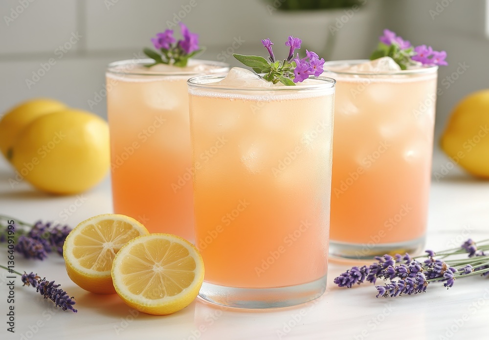 Refreshing Summer Beverage with Lemon and Lavender Garnish in Stylish Glasses Surrounded by Fresh Ingredients and Vibrant Colors Refreshing Summer Beverage with Lemon and Lavender Garnish in Stylish Glasses Surrounded by Fresh Ingredients and Vibrant Colors