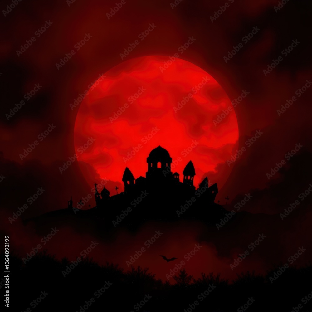 Naklejka premium Abstract dark red background. Dramatic red sky. Fantastic sunset background with copy space for design. Halloween, armageddon, apocalypse, end of the world concept.