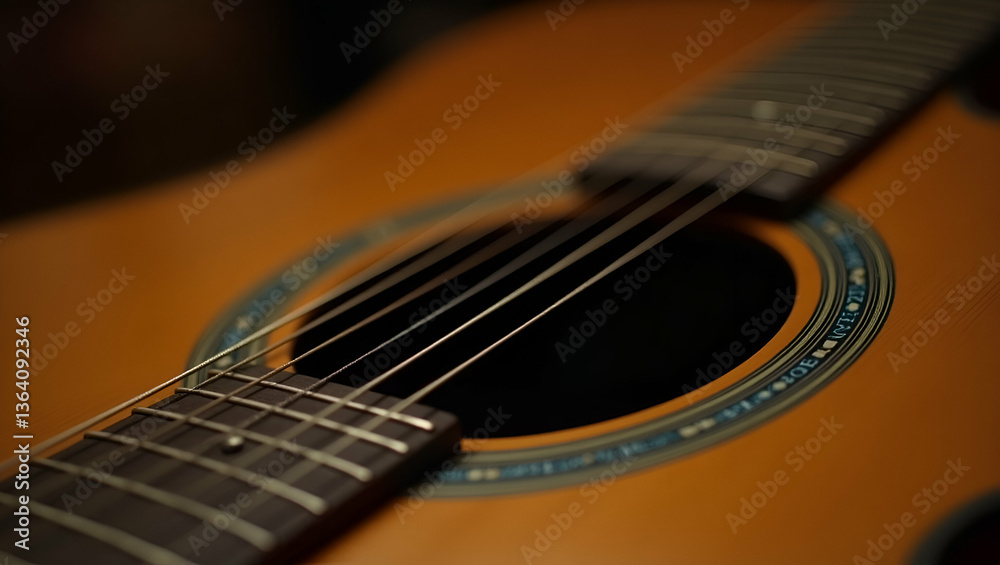 Close-Up of Vibrating Strings on Acoustic Guitar: Craftsmanship & Performance Close-Up of Vibrating Strings on Acoustic Guitar: Craftsmanship & Performance