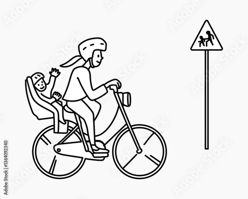 Woman bicycling with child doodle collage element vector