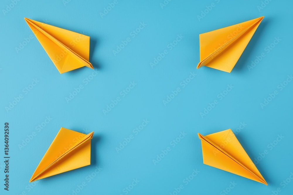 Four Yellow Paper Airplanes Arranged Symmetrically on Bright Blue Background Four Yellow Paper Airplanes Arranged Symmetrically on Bright Blue Background