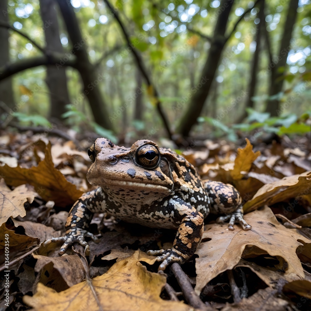 Obraz premium Oak Toad Sheltered Under a Mushroom with Fireflies in a Mystical Forest at Night