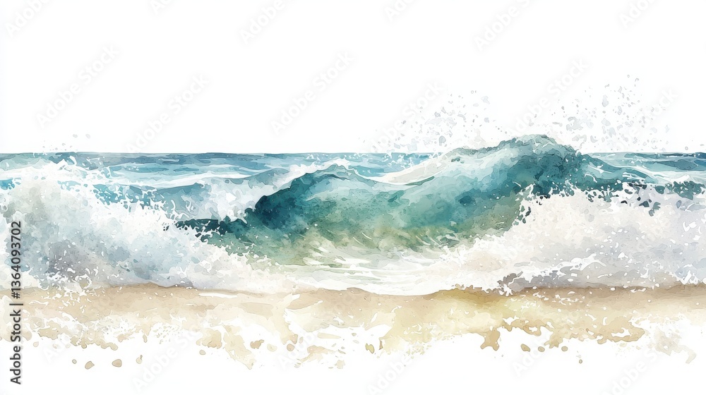 Fototapeta premium A serene watercolor depiction of crashing ocean waves, blending shades of blue and green with a sandy beach foreground.