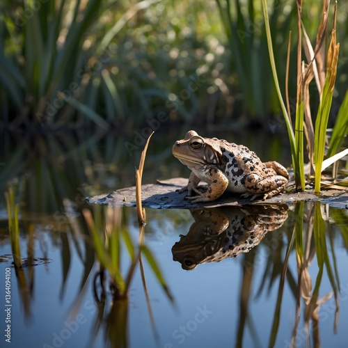 Oak Toad on Moss with Dew Drops and Lush Spring Greenery