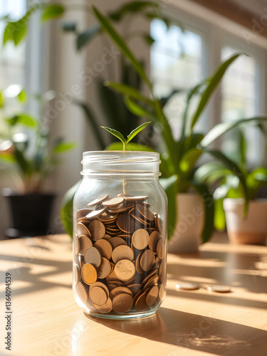A jar brimming with coins on a sunlit table, set against a background of indoor plants, suggesting growth and saving for the future.