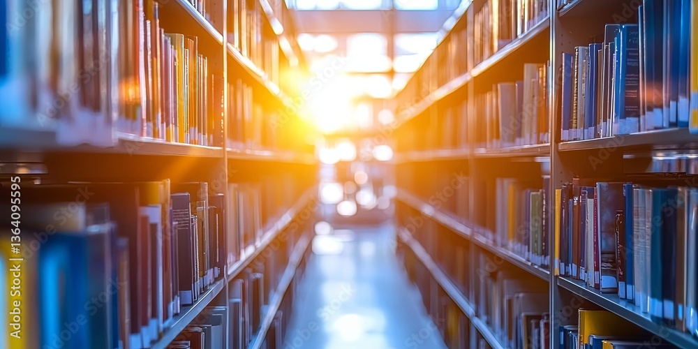 Sunlight Streaming Through Rows of Shelves in a Modern Archive with a Warm Glow Creating an Inviting Atmosphere of Exploration and Discovery Sunlight Streaming Through Rows of Shelves in a Modern Archive with a Warm Glow Creating an Inviting Atmosphere of Exploration and Discovery