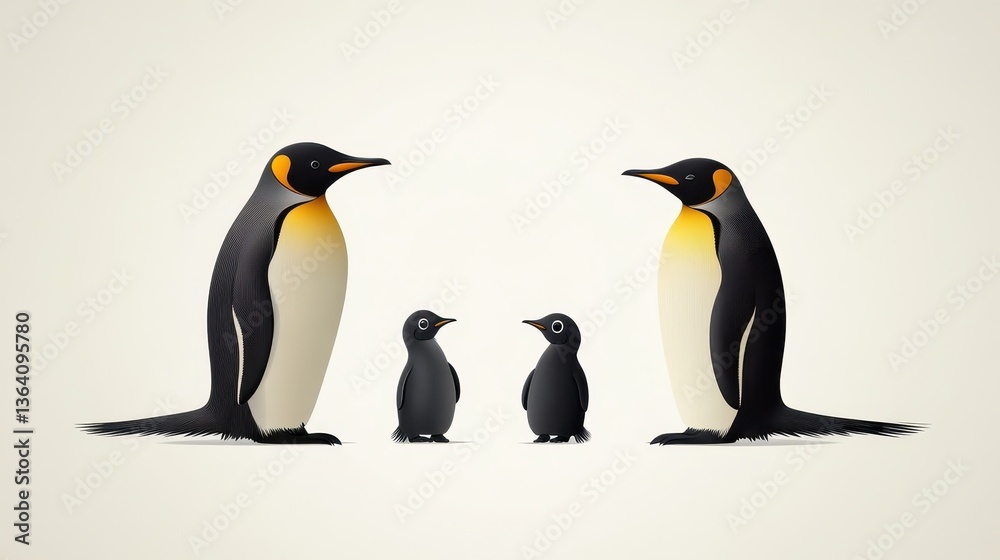 Fototapeta premium King Penguin Family with Antarctic Wildlife, and Cute Birds.