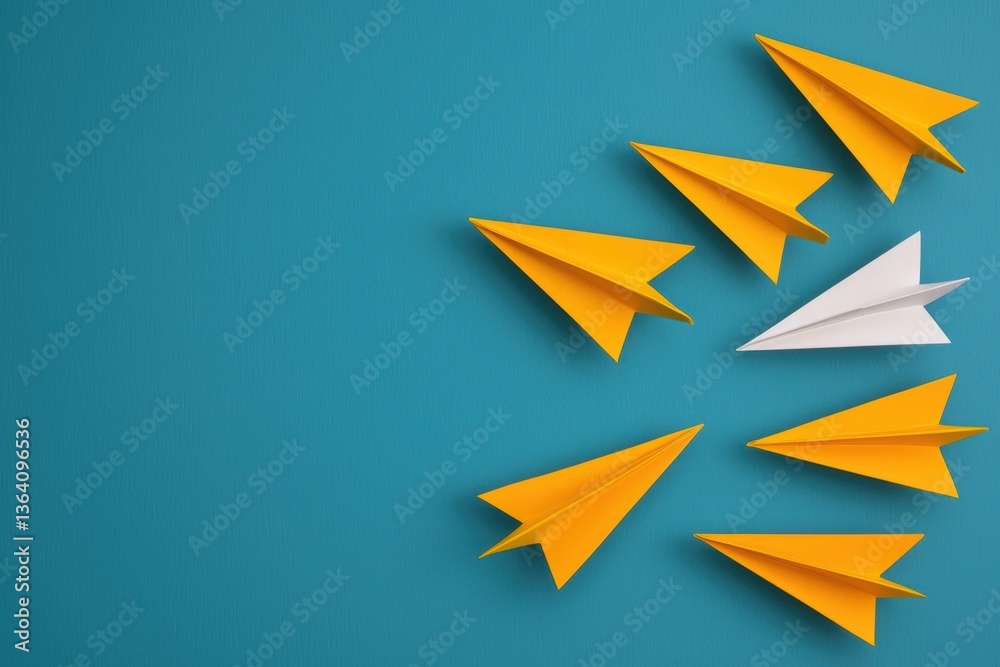 Fototapeta premium Collection of Yellow and White Paper Airplanes on Vibrant Turquoise Background Representing Creativity and