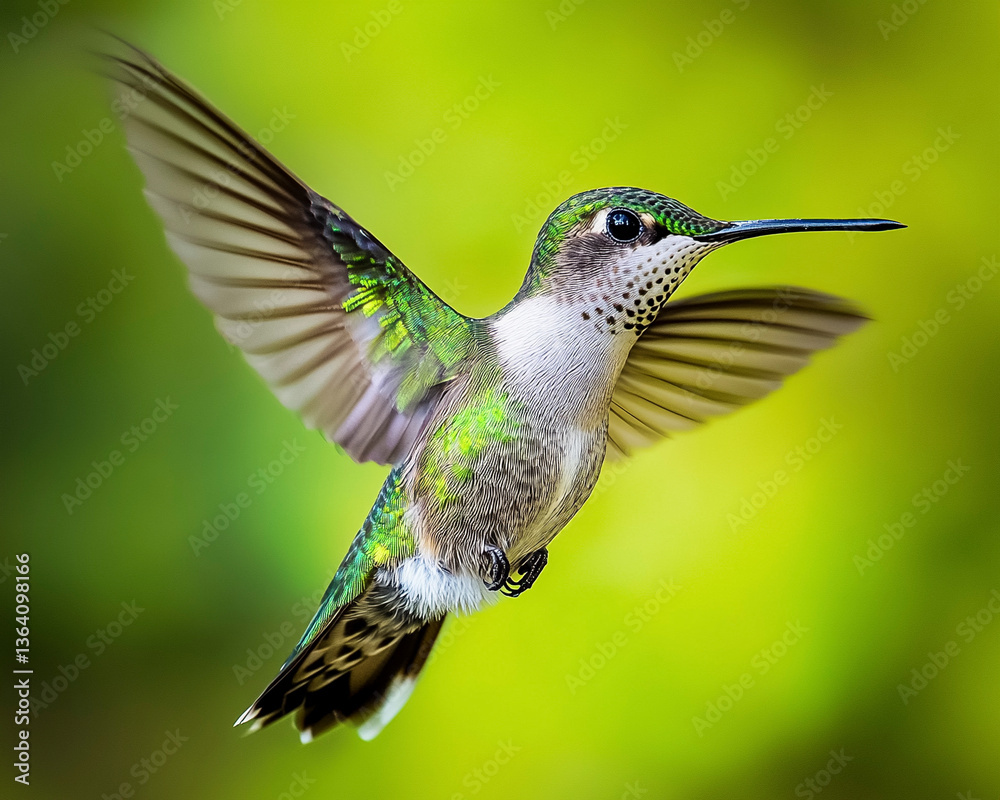 Fototapeta premium Hummingbird in Flight with Bright Green Nature Background 