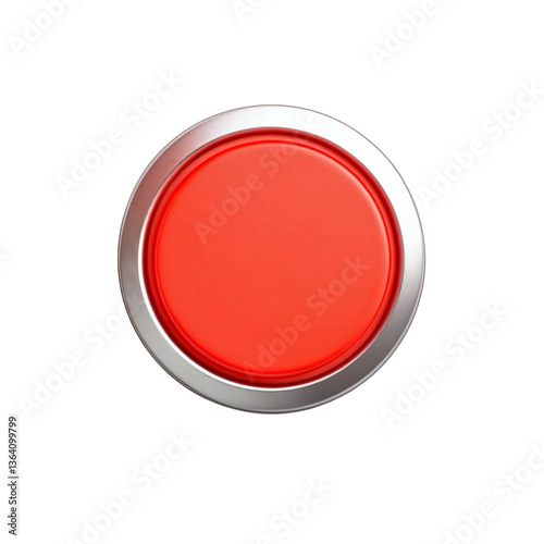 A vibrant red button, a symbol of urgency and action, gleaming with a metallic silver rim against a stark white background.