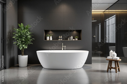 Valokuva Elegant bathroom interior with a white freestanding bathtub, dark textured walls, built-in shelf, green plant, and glass shower on a sleek floor