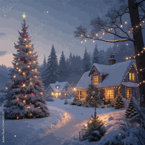  christmas winter landscape with houses and trees
