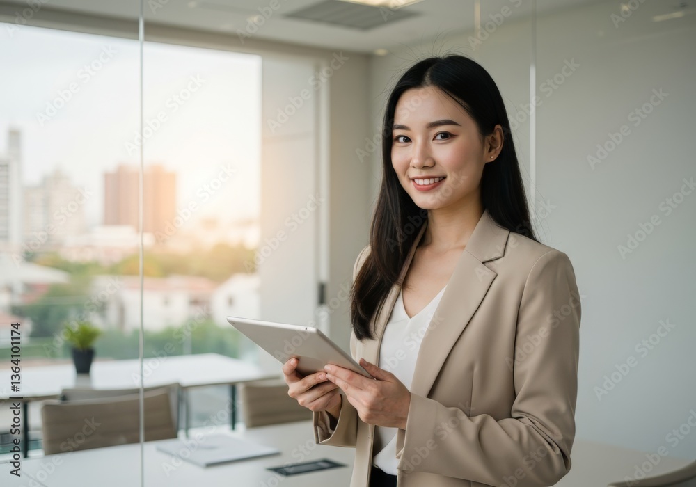 Professional businesswoman holding tablet in modern office setting for corporate and technology theme Professional businesswoman holding tablet in modern office setting for corporate and technology theme