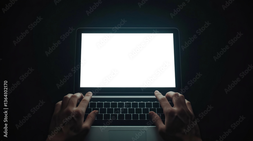 Male Hands Typing on Laptop with Blank Screen in Dark Environment Male Hands Typing on Laptop with Blank Screen in Dark Environment