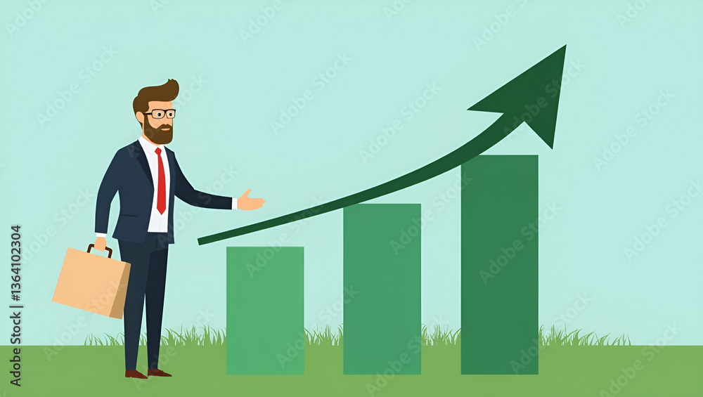 Flat Businessman with Rising Arrow: Showcasing Carbon Reduction and Eco Mindset Synergy for a Sustainable Future - Merging Brand Strategy with Green Economy Initiatives to Combat Climate Change Flat Businessman with Rising Arrow: Showcasing Carbon Reduction and Eco Mindset Synergy for a Sustainable Future - Merging Brand Strategy with Green Economy Initiatives to Combat Climate Change