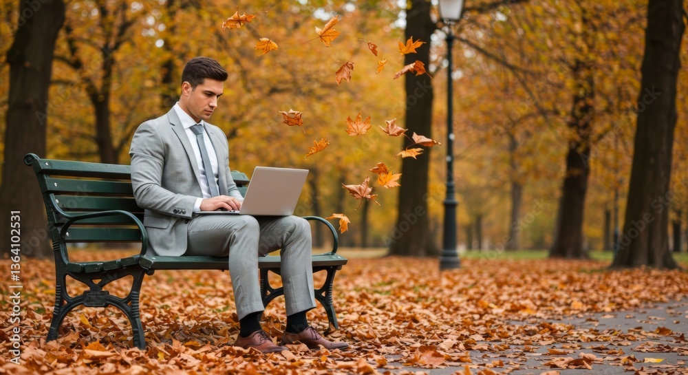 Businessman working on laptop in serene autumn park setting for remote work inspiration