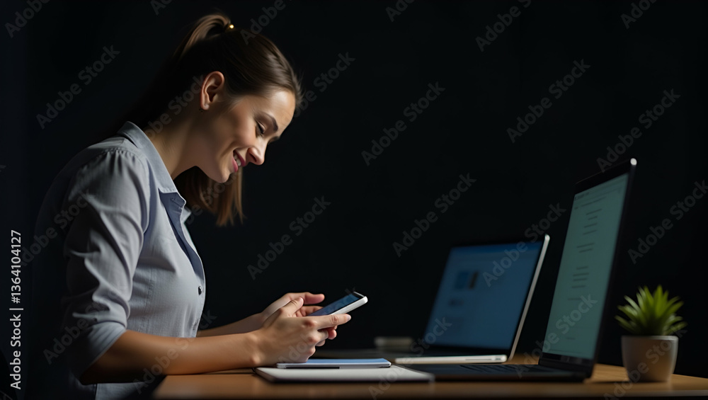Flat Vector Illustration of Woman at Desk Using Smartphone for Email Notifications at Night Flat Vector Illustration of Woman at Desk Using Smartphone for Email Notifications at Night