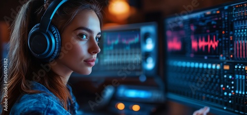 Concentrated young woman with headphones working on audio editing project