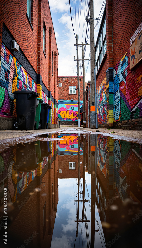 Obraz premium Vibrant graffiti reflection in urban alleyway puddle, artistic expression