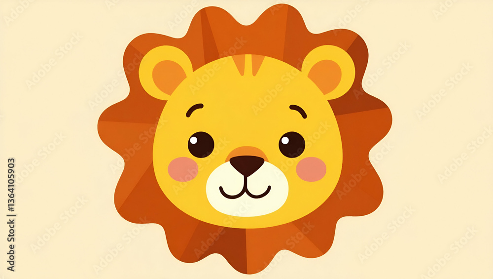 Playful Flat Cartoon Lion Face with Friendly Smile in Vibrant Colors - Perfect for Children's Media and Educational Materials | Cute Vector Illustration for Engaging Learning Experiences