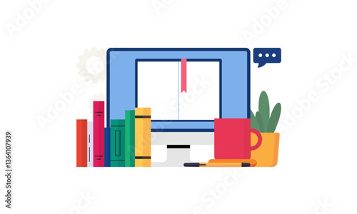 online learning scene with a laptop headphones and educational materials logo