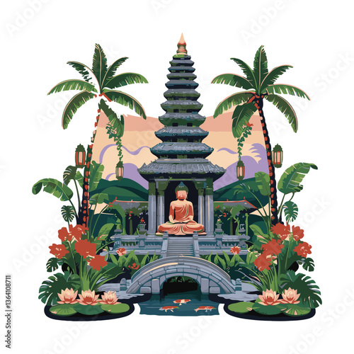 Golden Pagoda Shining Under A Tropical Sunset