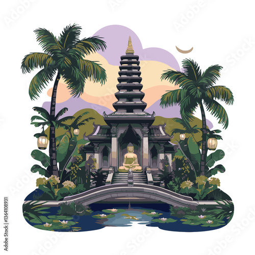 Sunlit Vihara With Golden Roofs And Tropical Leaves