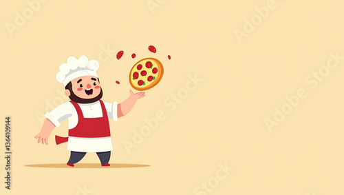 Flat Create a clipart of a Whimsical chef tossing pizza dough in the air in a kawaii style simplified for cleaner look use a color palette appealing to children concept as Kawaii style clipart of whim