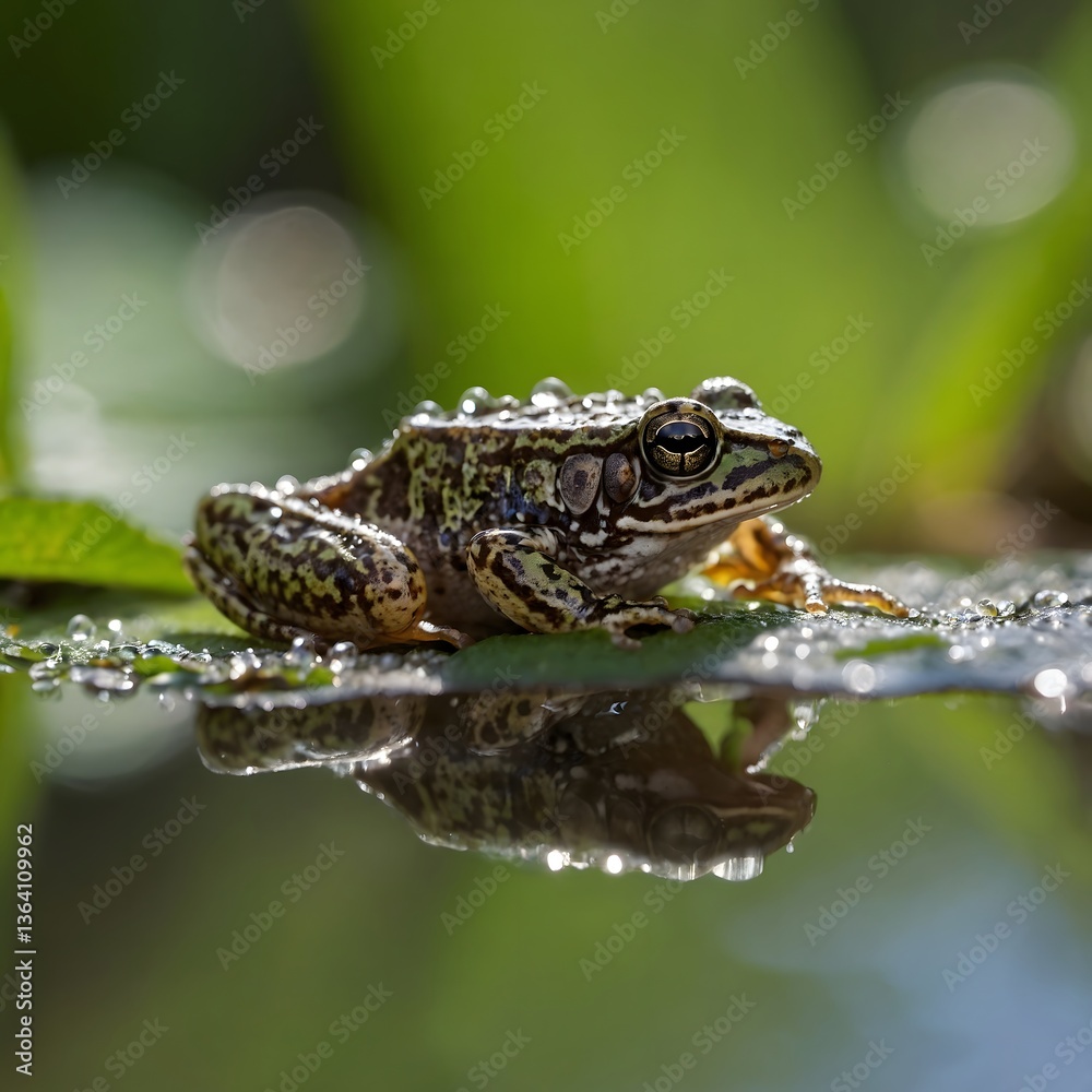 Fototapeta premium Blanchard's Cricket Frog on Leaf in Sunlit Wetland