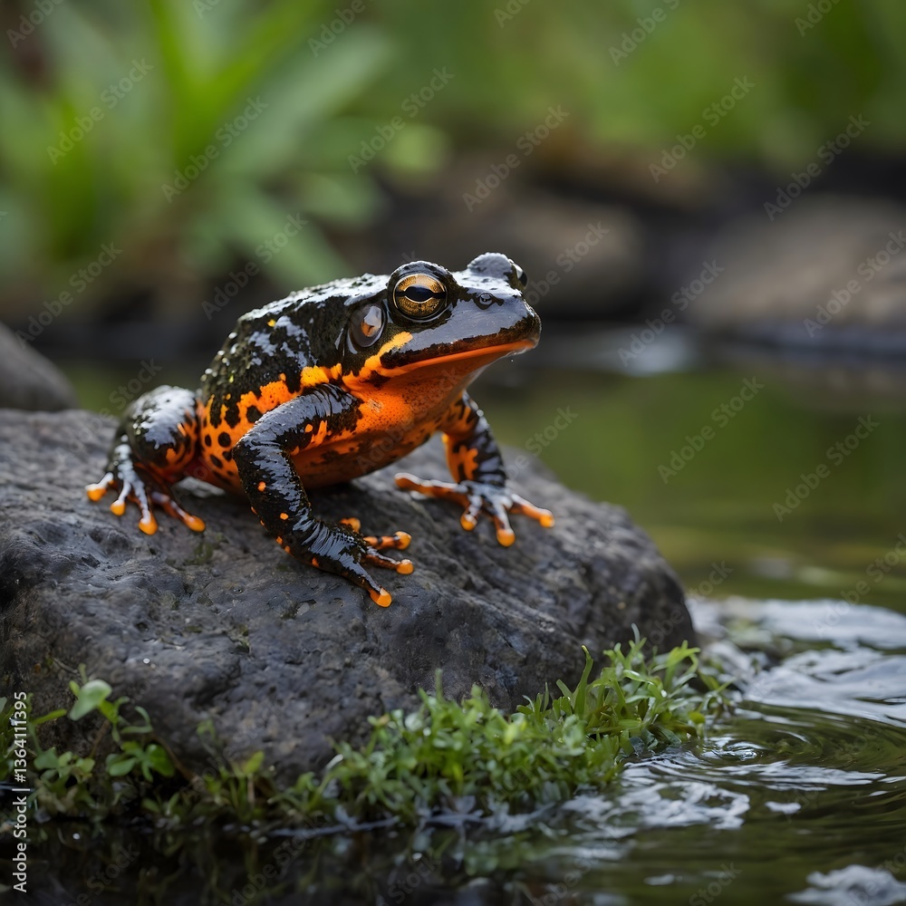 Fototapeta premium Fire-Bellied Toad Leaping Between Rocks by River with Orange Belly Flash