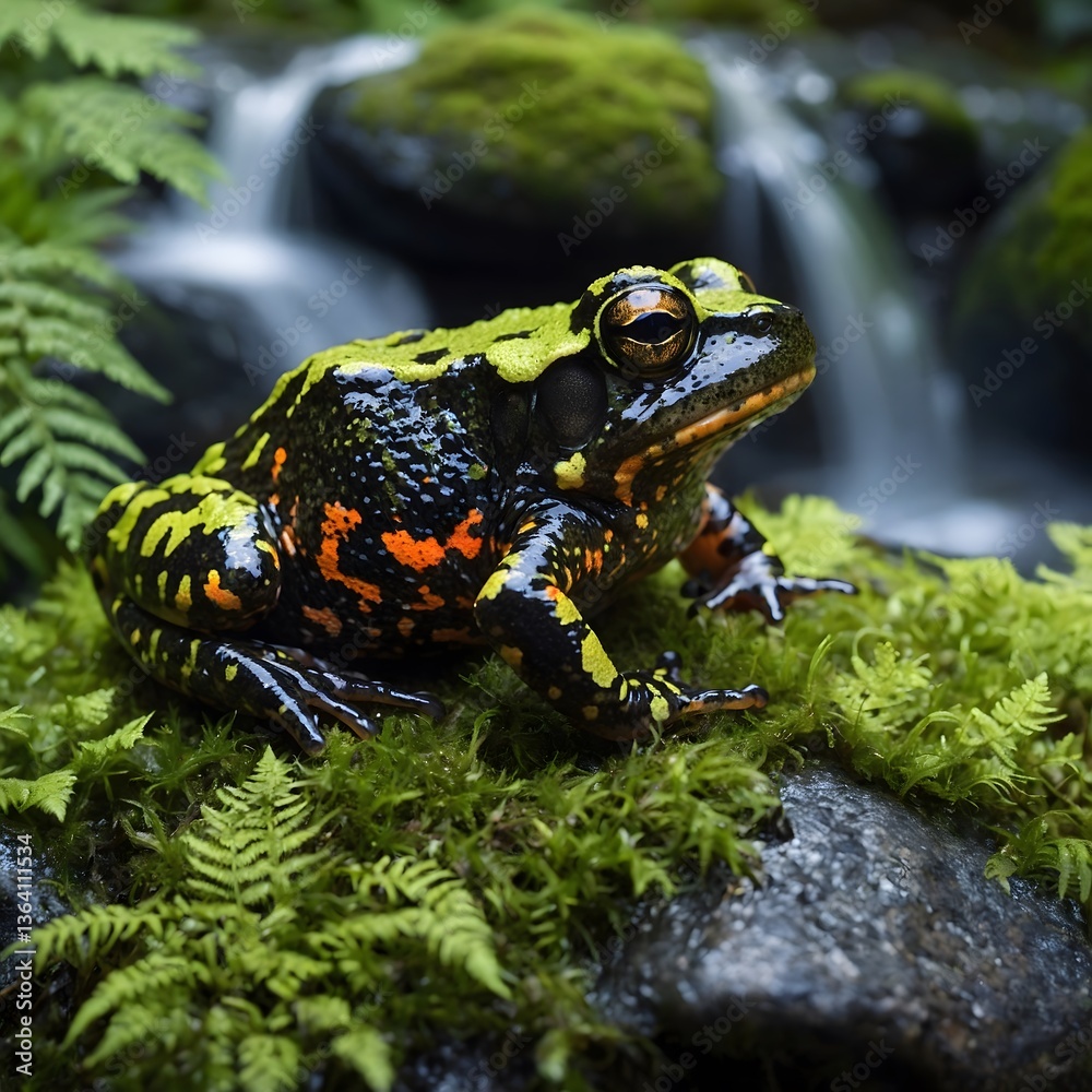 Fototapeta premium Fire-Bellied Toad Relaxing by Waterfall in a Secluded Forest Glade