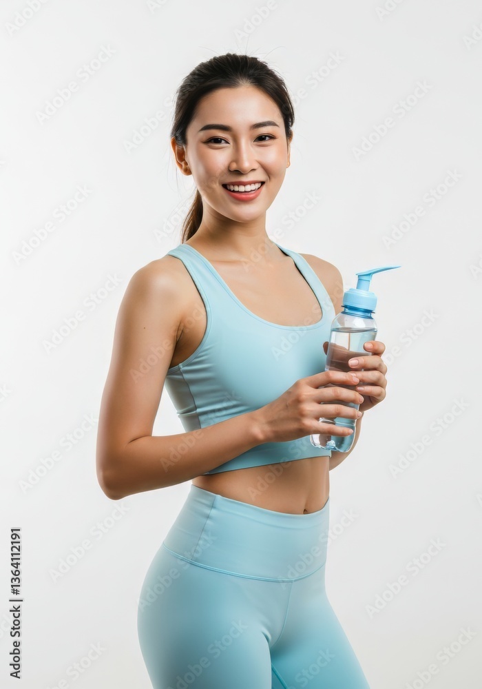 Fitness enthusiast holding water bottle in studio setting promoting healthy lifestyle and athletic fashion Fitness enthusiast holding water bottle in studio setting promoting healthy lifestyle and athletic fashion