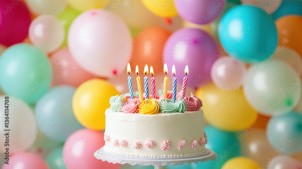 A decorated birthday cake with lit candles and colorful balloons A decorated birthday cake with lit candles and colorful balloons